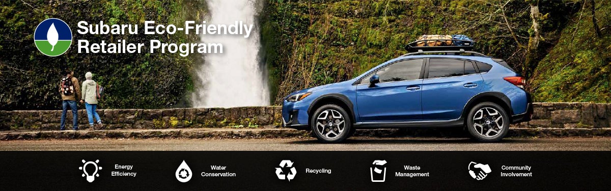 The Subaru Eco-Friendly Retailer Program logo with a blue Subaru and eco icons at bottom. | Marin Subaru in San Rafael CA