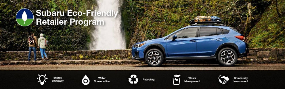The Subaru Eco-Friendly Retailer Program logo with a blue Subaru and eco icons at bottom. | Marin Subaru in San Rafael CA