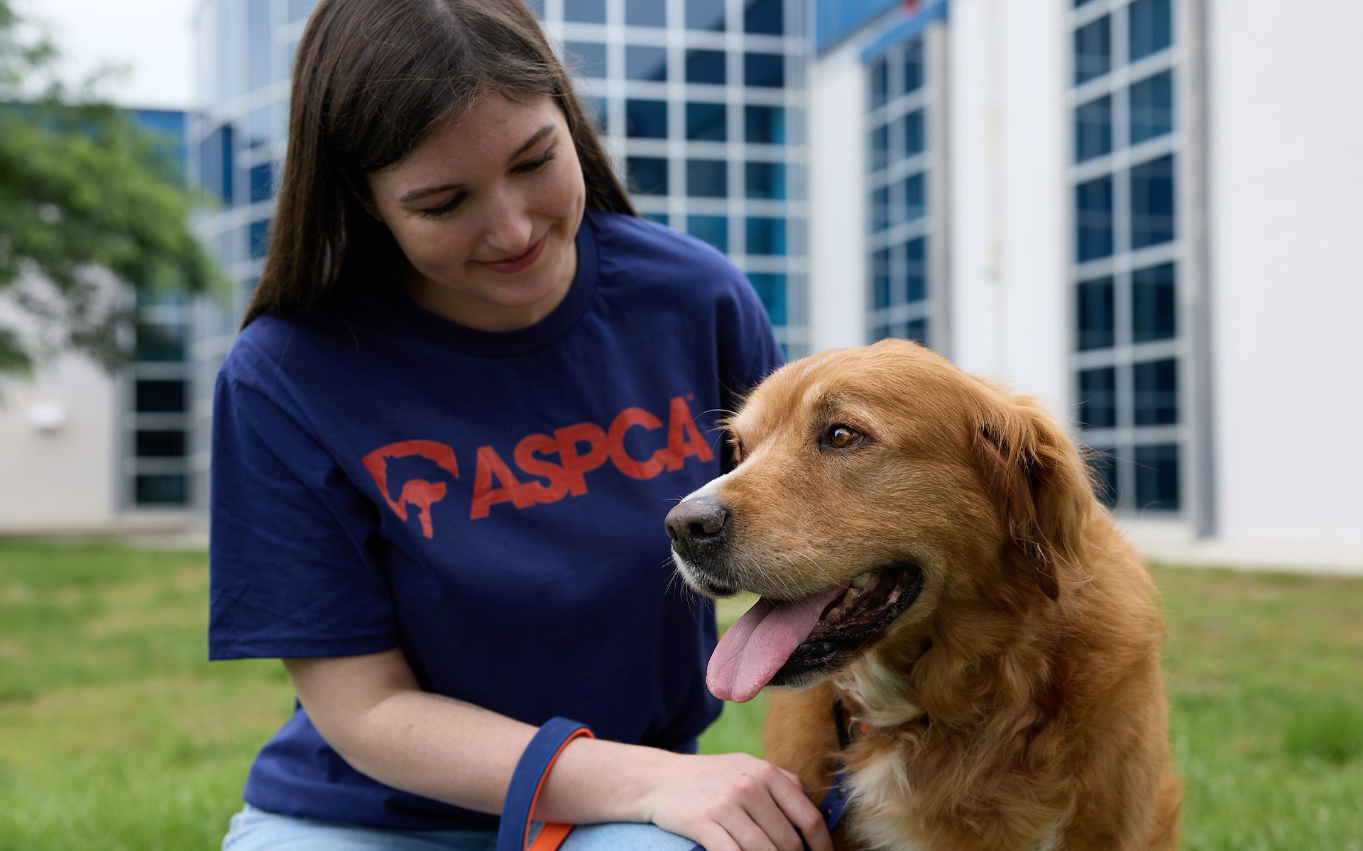 ASPCA volunteer smiles at a golden-colored dog outdoors